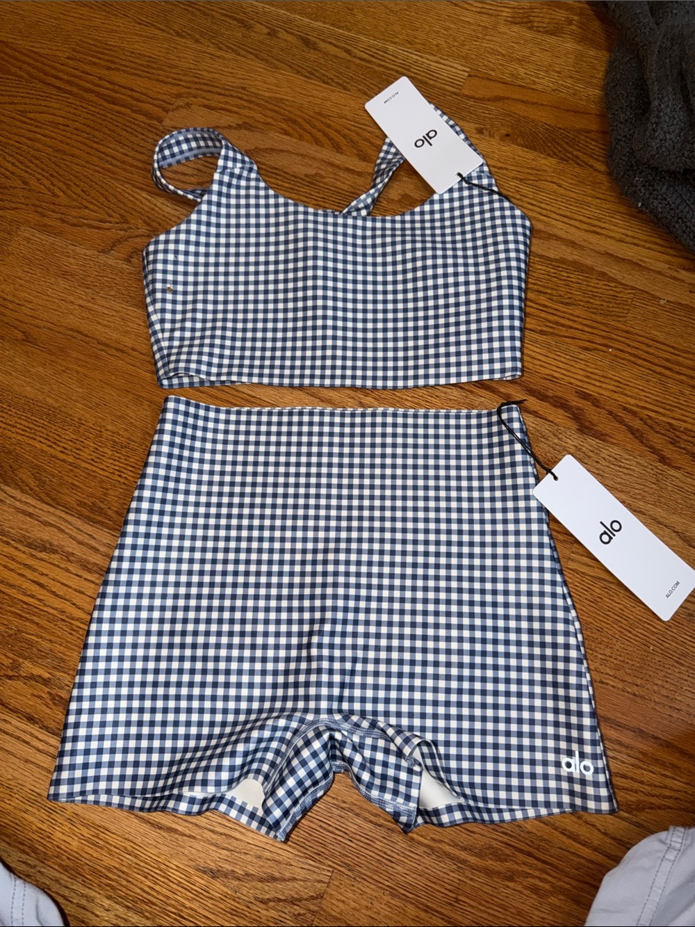 ALO Yoga Navy and White Gingham sports bra Top & Bike Shorts Set
